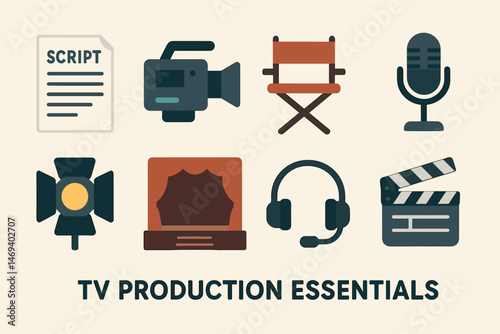Tv production essentials icons set: flat, solid, broadcast and media tools