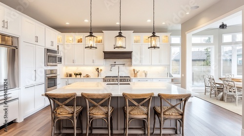 Bright contemporary kitchen with island, wooden chairs and stainless steel appliances
