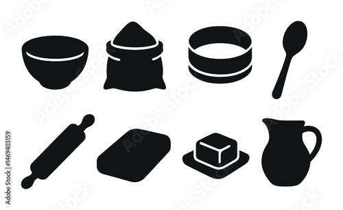Baking silhouette icons set – solid, kitchen, culinary symbols for food lovers