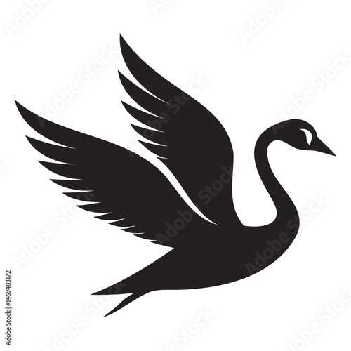 Clean flying swan illustration in black silhouette line art style on transparent background