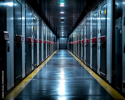 Long corridor with metal storage units.