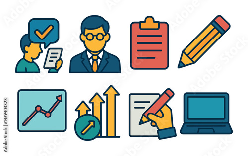 Business and office flat icons set – professional, corporate, work symbols