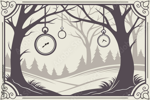 3 An ethereal winter landscape, enchanting clocks suspended in the air, intricate baroque framing, ornamental details, whimsical fantasy, muted color palette, highly detailed, digital painting, cinema