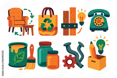 Recycled material icons set in flat style – eco-friendly, sustainable, green symbols