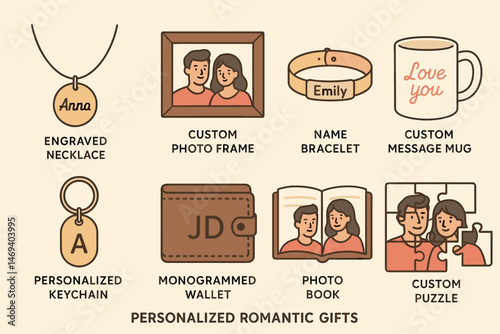 Personalized gifts 3d icons set – unique, custom, romantic present symbols