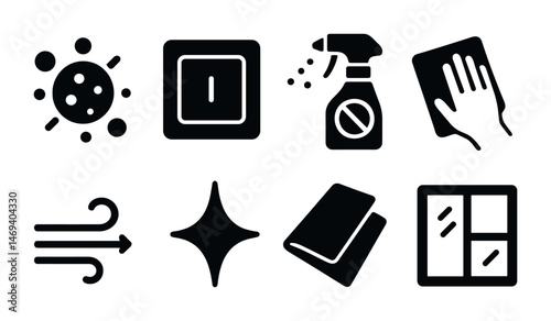 Cleaning and hygiene solid icons set – silhouette, sanitation, home maintenance symbols