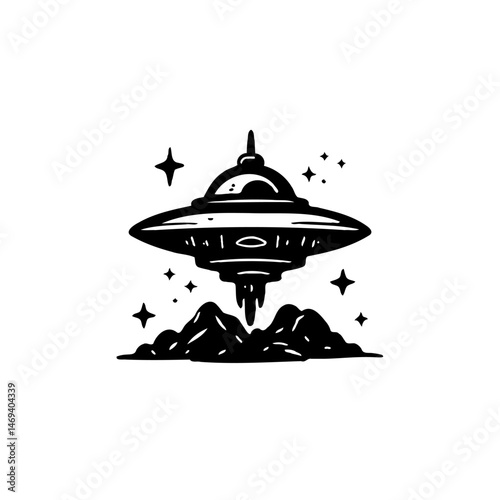 Monochrome drawing showcasing a ufo hovering over mountainous terrain with stars