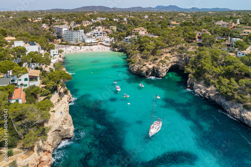 Aerial view of the Platja de Santanyi beach in Mallorca, Balearic Islands, Spain