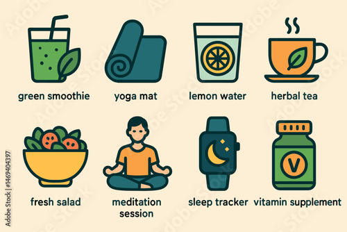 Healthy lifestyle flat icons set – wellness, fitness, and relaxation symbols