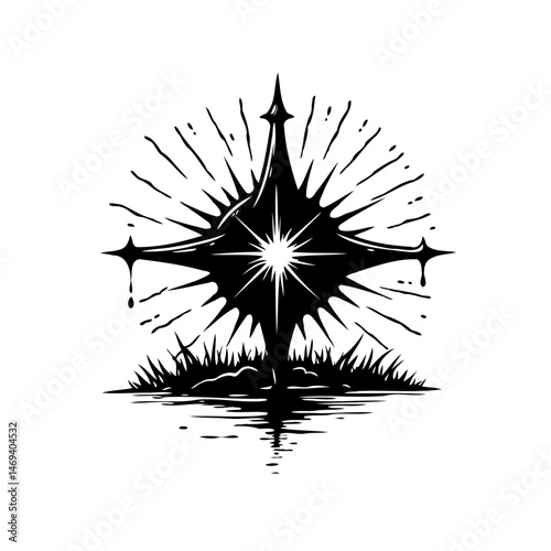 Abstract celestial body illustration radiating light above water and foliage