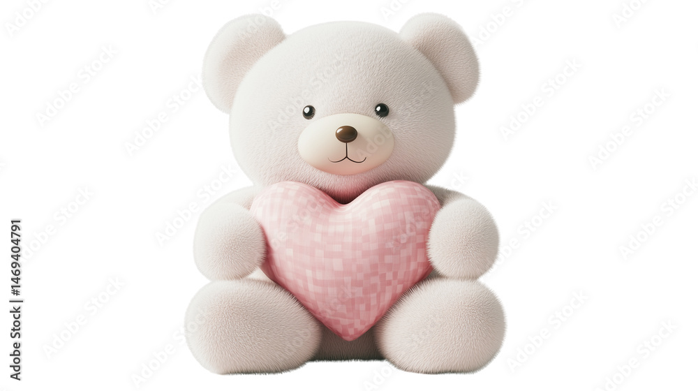 Fototapeta premium A set of sweet white teddy bears hugging plush hearts and smiling, isolated on a transparent background
