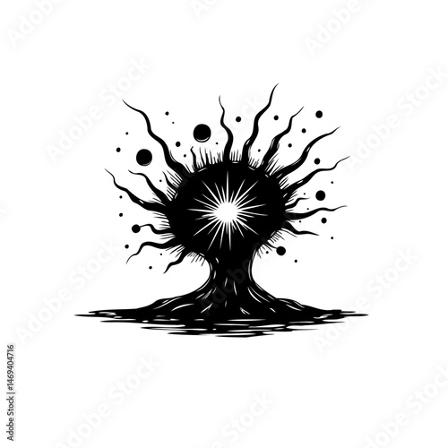 Abstract depiction of cosmic tree radiating ethereal light in monochrome scheme