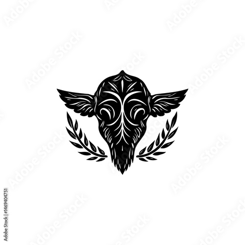 Stylized bull skull with symmetrical wings and olive branches tattoo design