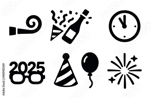 New year's eve solid icons set – party, celebration, holiday shapes