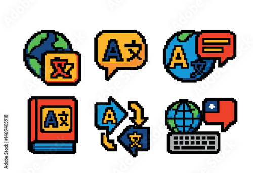 Language and translation icons set – pixel art, communication, global symbols