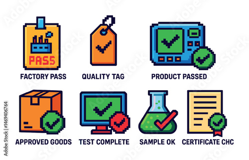 Quality assurance pixel art icons set – testing, certification, approval symbols