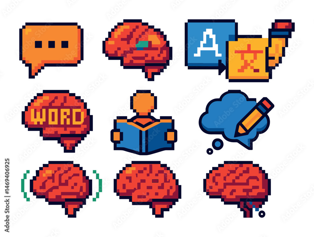 Language and learning pixel art icons set – educational, reading, study tools