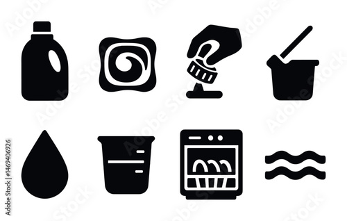 Cleaning and hygiene solid icons set – sanitation, maintenance, household symbols