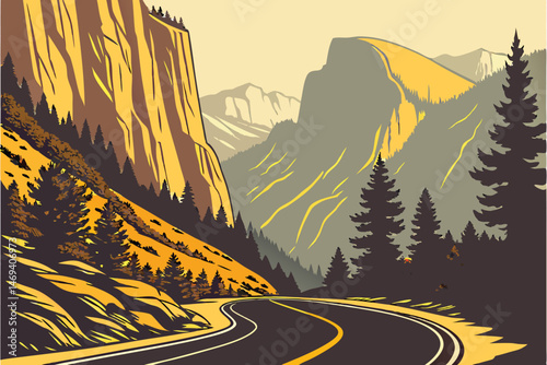 5 detailed, winding road through mountainous, rugged terrain, sharp curves, double yellow lines, scenic landscape, dramatic lighting, vibrant colors, cinematic, hyperrealistic