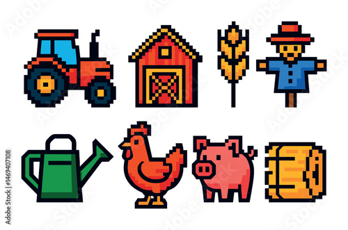 Farming and agriculture pixel art icons set – line, vector, rural life elements