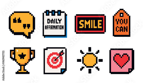 Retro pixel art motivation icons for positive affirmation cards