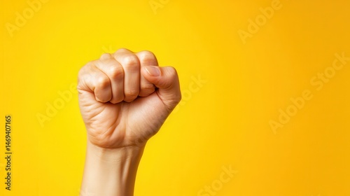 A clenched fist raised against a vibrant yellow background signifies determination and strength, embodying the spirit of empowerment and resilience in a striking visual expression.