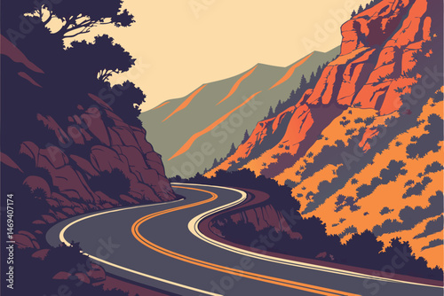 5 detailed, winding road through mountainous, rugged terrain, sharp curves, double yellow lines, scenic landscape, dramatic lighting, vibrant colors, cinematic, hyperrealistic
