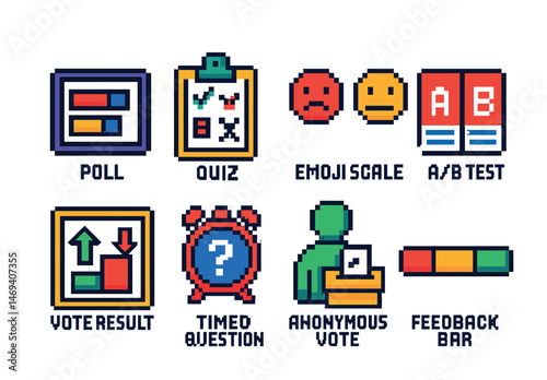 Polling and survey icons set – pixel art, quiz and feedback symbols for analysis