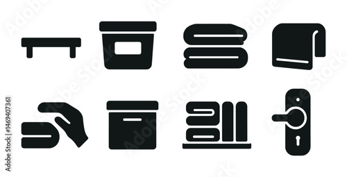 Home organization solid icons set – flat, filled, storage and tidying essentials