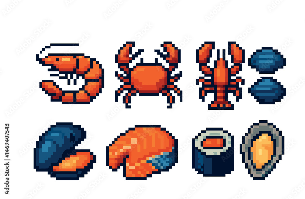 Fototapeta premium Pixel art seafood icons set with shrimp, crab, lobster, and sushi elements