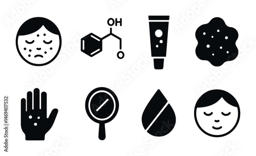 Skincare and acne solid icons set – filled, treatment, beauty essentials
