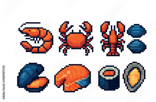 Pixel art seafood icons set with shrimp, crab, lobster, and sushi elements