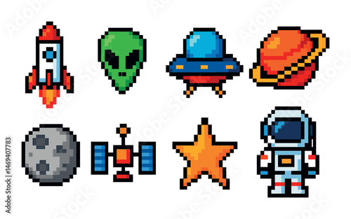 Space exploration pixel art icons set – alien, astronaut, cosmic symbols