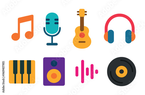 Music and audio icons set – flat, filled, sound and instrument graphics