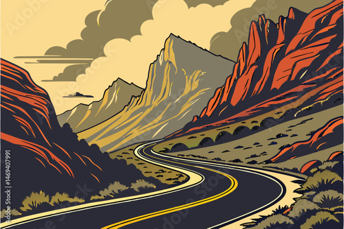 5 detailed, winding road through mountainous, rugged terrain, sharp curves, double yellow lines, scenic landscape, dramatic lighting, vibrant colors, cinematic, hyperrealistic