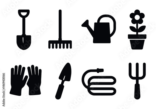 Gardening tools solid icons set – filled, silhouette, horticulture symbols