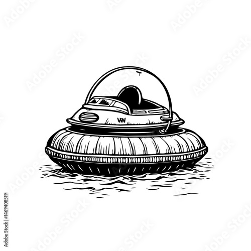 Retro futuristic hovercraft illustration floating on water, whimsical design style