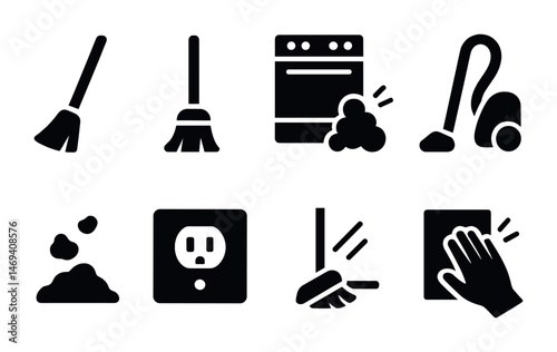 Home cleaning solid icons set – filled, housekeeping, chore symbols