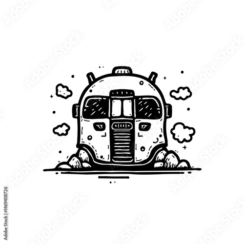Monochromatic whimsical vehicle illustration with an imaginative retro aesthetic