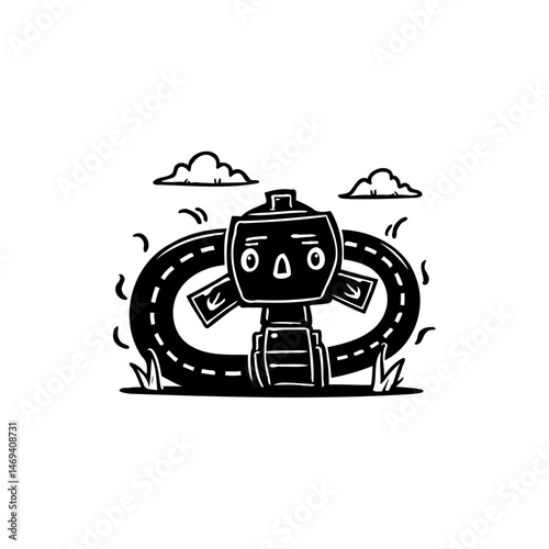 Abstract illustration featuring a stylized figure wrapped in winding road