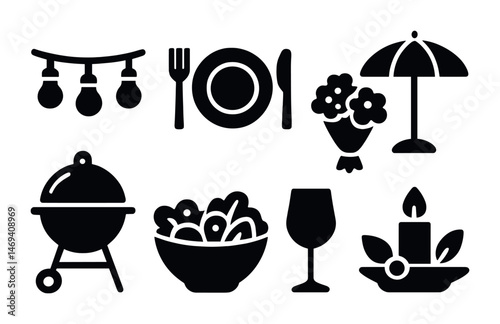 Outdoor dining solid icons set – filled, picnic, barbecue and garden elements