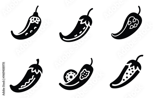 Different varieties of chili peppers Black and white vector illustration of a spicy chili pepper design element