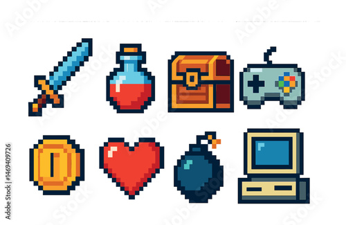 Gaming and adventure pixel art icons set – retro, game, digital symbols