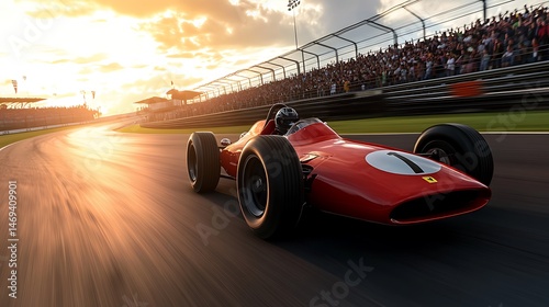 A vintage race car zooms around the track as crowds cheer loudly in the background.


