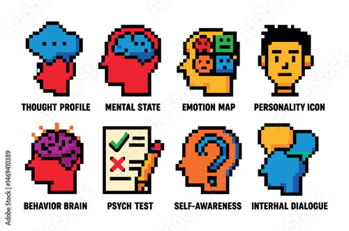Mental health pixel art icons set – emotions, psychology, digital wellness symbols
