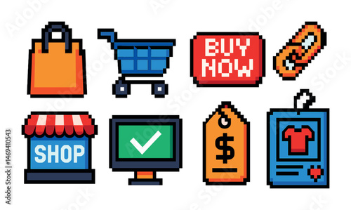 E-commerce pixel art icons set – digital shopping, cart, buy symbols