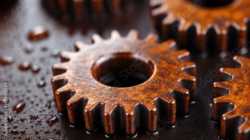 A close-up view of rusty gears positioned on a dark background, showcasing the intricate design and weathered appearance of mechanical components. photo