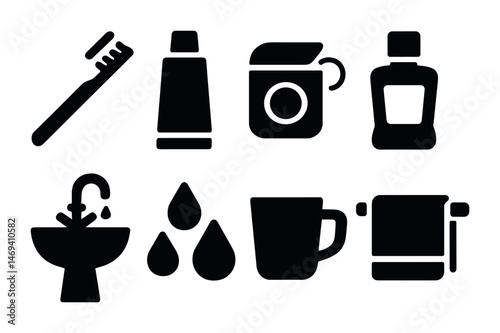 Dental hygiene silhouette icons set – bathroom, oral care, health symbols