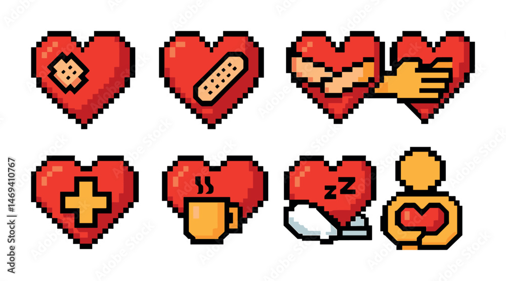 Fototapeta premium Medical and healthcare pixel art icons set – hearts, love, health symbols