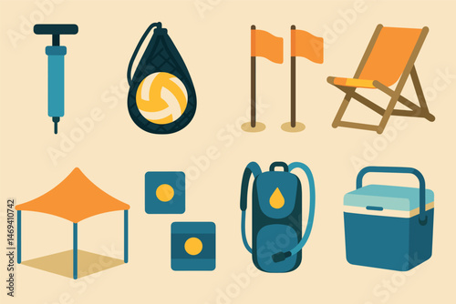 Outdoor leisure flat icons set – hiking, camping, travel essentials graphics